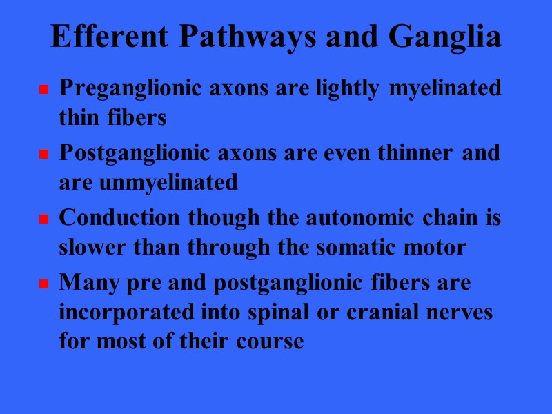 Efferent Pathways and Ganglia Preganglionic axons are lightly myelinated thin fibers Postganglionic axons are